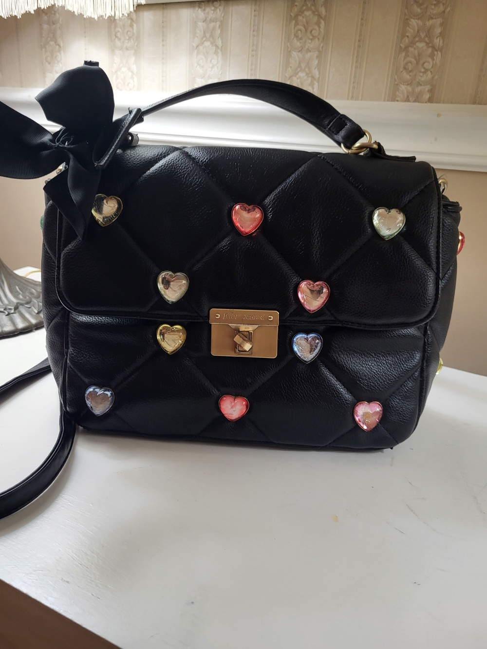 Betsey Johnson Black Quilted Top Handle Bag with Multicolor Heart Studs